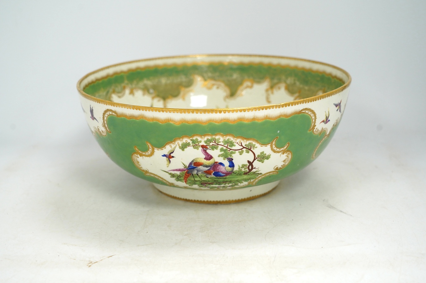 A large Worcester 'Fantastic Birds' bowl, c.1780, 28cm diameter. Condition - good, would benefit from a clean